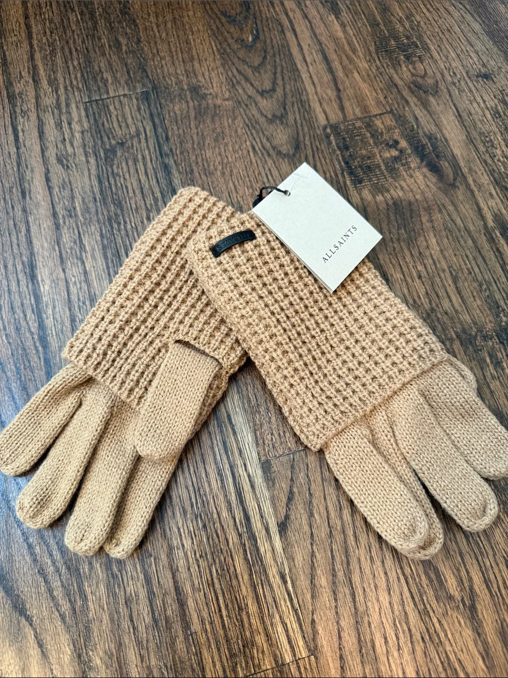 All Saints Gloves Tannin Brown Mixed Stitch Knit Wool Blend Outdoor Winter